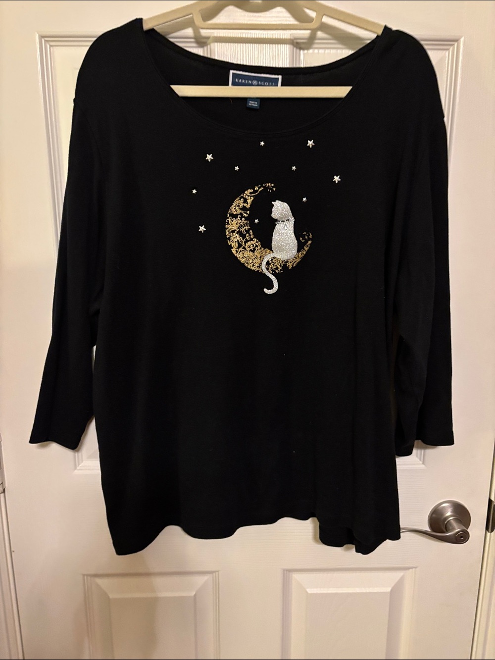 Karen Scott Black Long-Sleeve Top with Gold Moon & Silver Cat Graphic